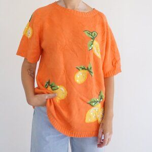 Vintage The Quacker Factory Orange Lemon Knit Short Sleeve Cotton Sweater L